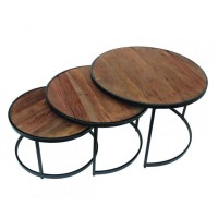 Table basse gigogne ronde en bois massif collection LENOX. Meuble style industriel