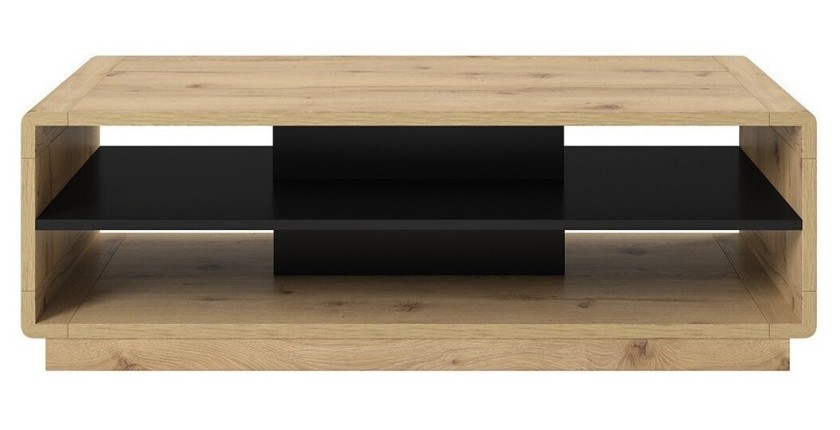 Table basse couleur chêne et noir collection VILLA avec niches de rangement.