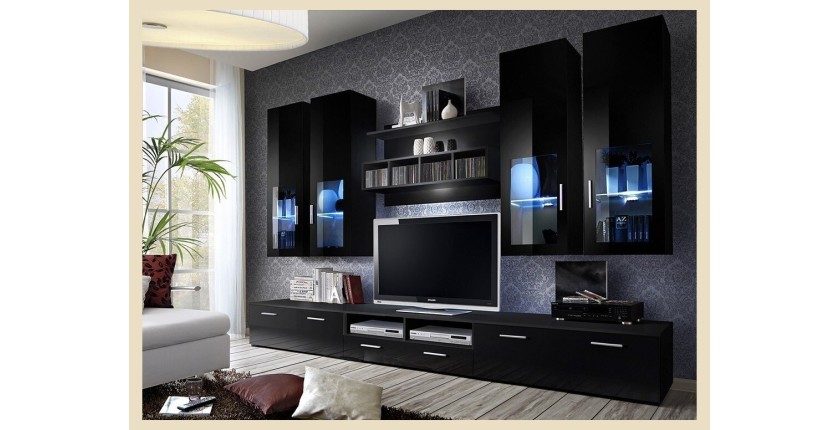 Composition de meubles TV  design collection LORA. Coloris noir mat et noir brillant