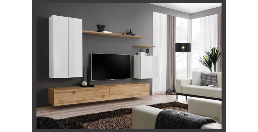 Ensemble de meubles de salon collection SWITCH II design, coloris blanc et chêne Wotan.