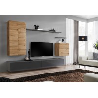 Ensemble meuble salon SWITCH II design, coloris chêne Wotan et gris brillant.
