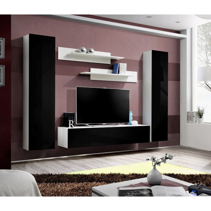 Meuble TV FLY A1 design, coloris blanc et noir brillant. Meuble suspendu moderne et tendance pour votre salon.