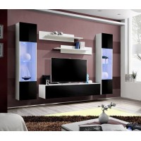 Meuble TV FLY A3 design, coloris blanc et noir brillant + LED. Meuble suspendu moderne et tendance pour votre salon