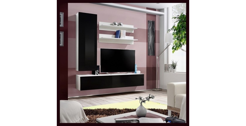 Meuble TV FLY G3 design, coloris blanc et noir brillant. Meuble suspendu moderne et tendance pour votre salon.