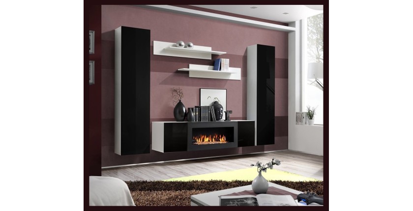 Ensemble de meubles suspendus avec cheminée décorative collection FLY M1. Coloris blanc et noir.