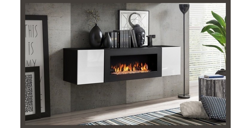 Ensemble de meubles suspendus avec cheminée décorative collection FLY M1. Coloris noir et blanc.