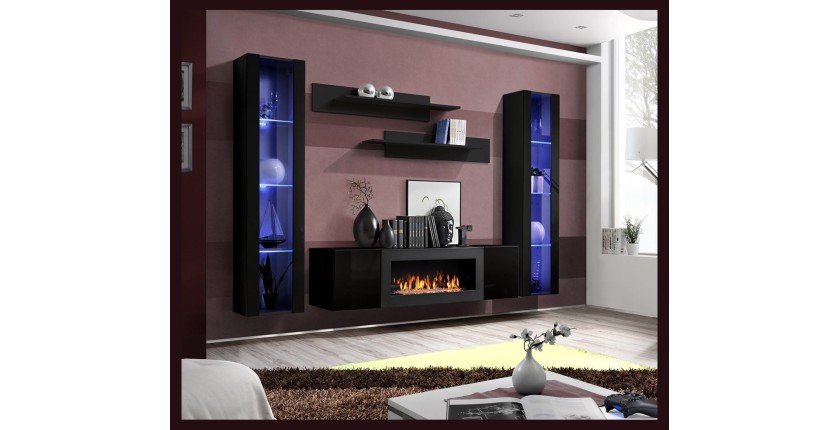 Ensemble de meubles suspendus avec cheminée décorative collection FLY M2. Coloris noir.