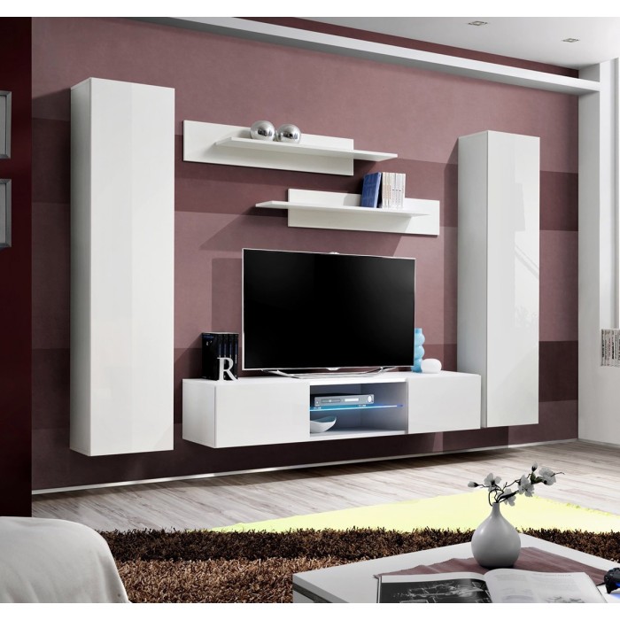 Ensemble Meuble TV FLY O1 avec LED. Coloris blanc. Meuble suspendu design pour votre salon.