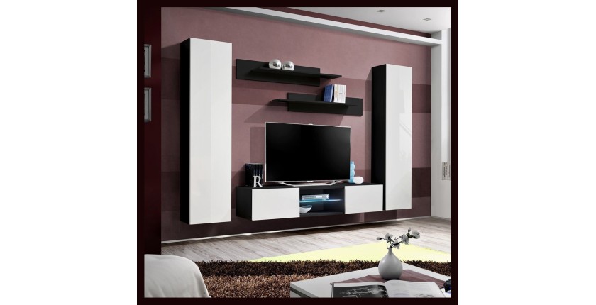 Ensemble Meuble TV FLY O1 avec LED. Coloris noir et blanc. Meuble suspendu design pour votre salon.