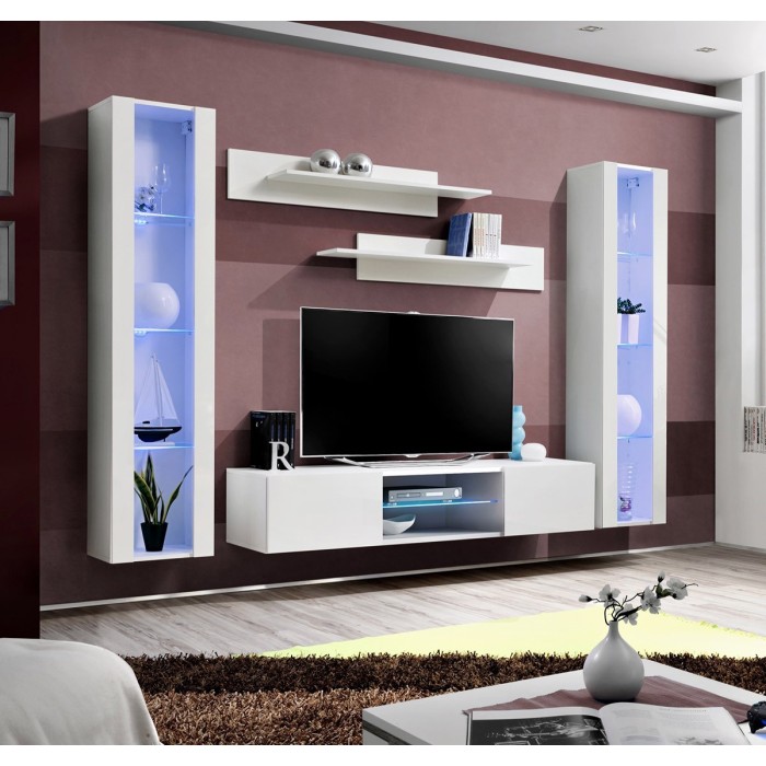 Ensemble Meuble TV FLY O2 avec LED. Coloris blanc. Meuble suspendu design pour votre salon.