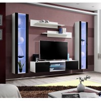 Ensemble Meuble TV FLY O2 avec LED. Coloris blanc et noir. Meuble suspendu design pour votre salon.