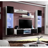 Ensemble Meuble TV FLY O3 avec LED. Coloris blanc et noir. Meuble suspendu design pour votre salon.