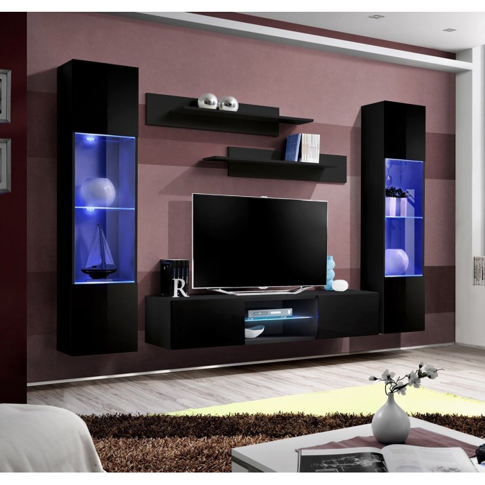 Ensemble Meuble TV FLY O3 avec LED. Coloris noir. Meuble suspendu design pour votre salon.