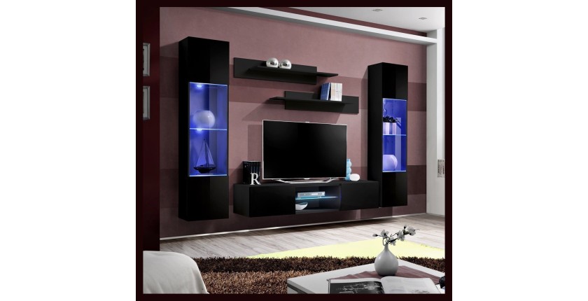 Ensemble Meuble TV FLY O3 avec LED. Coloris noir. Meuble suspendu design pour votre salon.