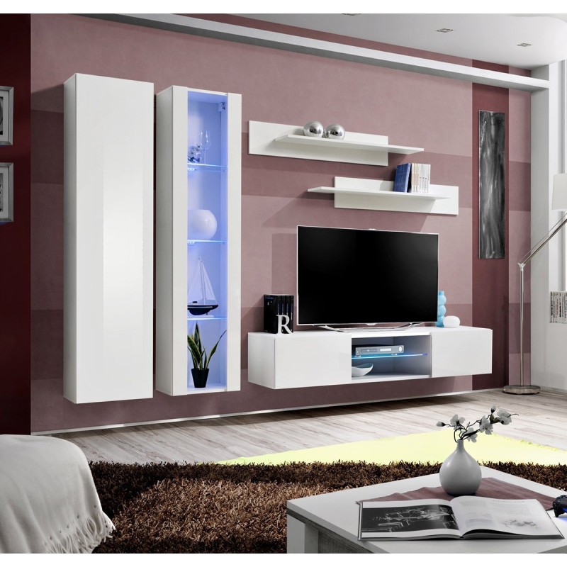 Ensemble Meuble TV FLY O4 avec LED. Coloris blanc. Meuble suspendu design pour votre salon.