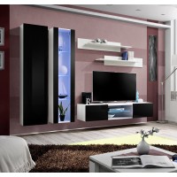 Ensemble Meuble TV FLY O4 avec LED. Coloris blanc et noir. Meuble suspendu design pour votre salon.
