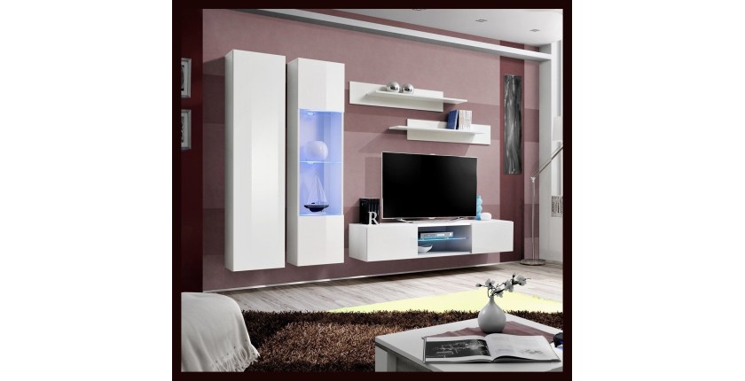 Ensemble Meuble TV FLY O5 avec LED. Coloris blanc. Meuble suspendu design pour votre salon.