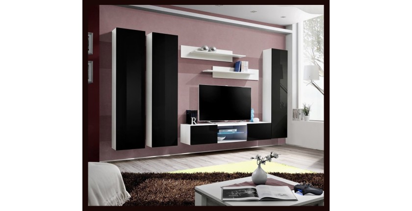 Ensemble Meuble TV FLY P1 avec LED. Coloris blanc et noir. Meubles suspendus design pour votre salon.