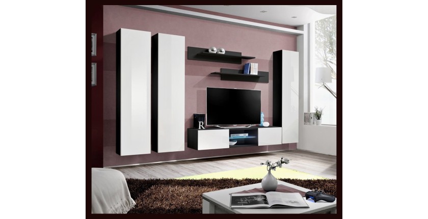 Ensemble Meuble TV FLY P1 avec LED. Coloris noir et blanc. Meubles suspendus design pour votre salon.