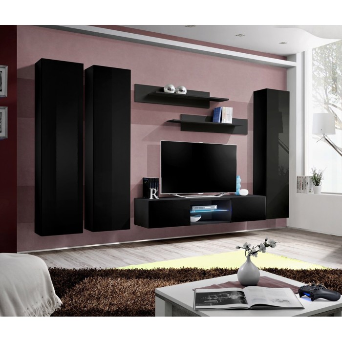 Ensemble Meuble TV FLY P1 avec LED. Coloris noir. Meubles suspendus design pour votre salon.