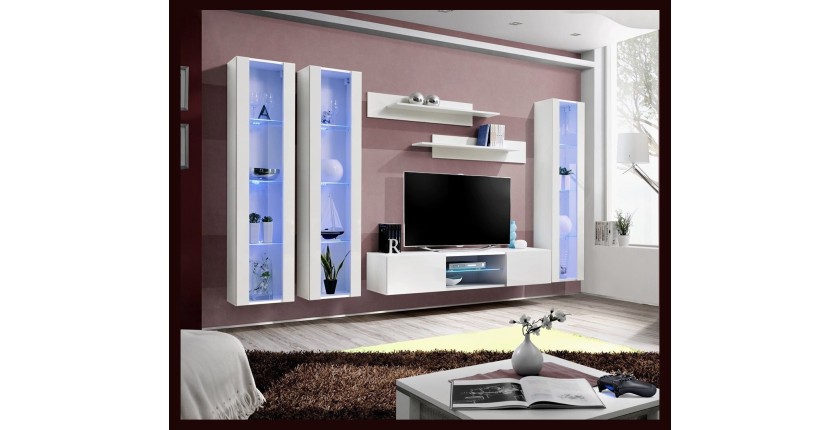 Ensemble Meuble TV FLY P2 avec LED. Coloris blanc. Meubles suspendus design pour votre salon.