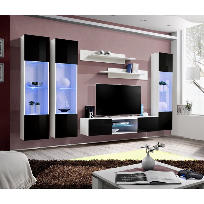 Ensemble Meuble TV FLY P3 avec LED. Coloris blanc et noir. Meubles suspendus design pour votre salon.