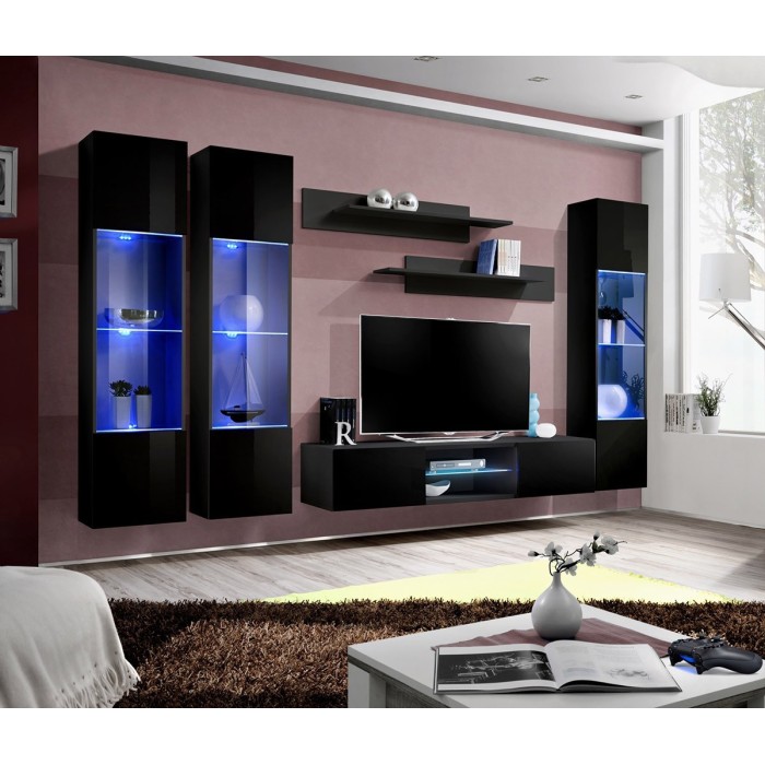 Ensemble Meuble TV FLY P3 avec LED. Coloris noir. Meubles suspendus design pour votre salon.