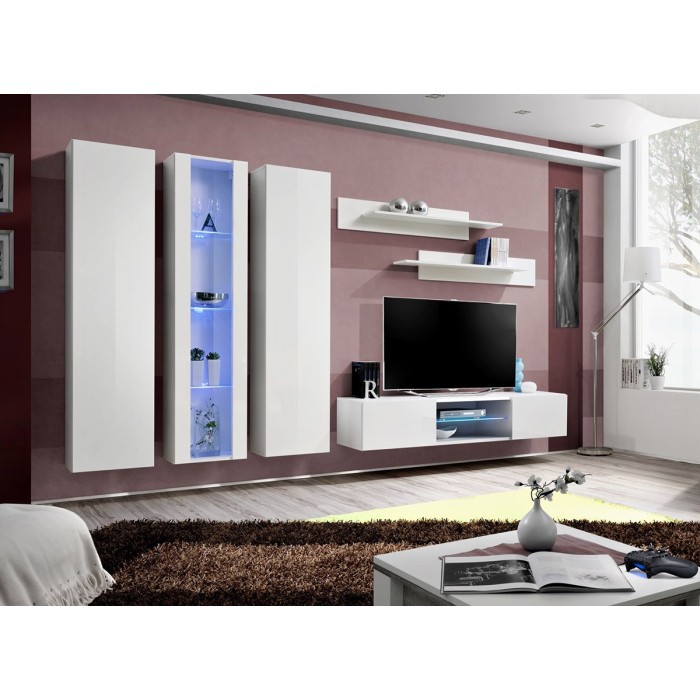 Ensemble Meuble TV FLY P4 avec LED. Coloris blanc. Meubles suspendus design pour votre salon.