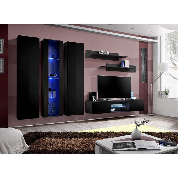 Ensemble Meuble TV FLY P4 avec LED. Coloris noir. Meubles suspendus design pour votre salon.