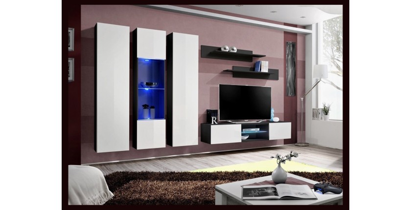 Ensemble Meuble TV FLY P5 avec LED. Coloris noir et blanc. Meubles suspendus design pour votre salon.