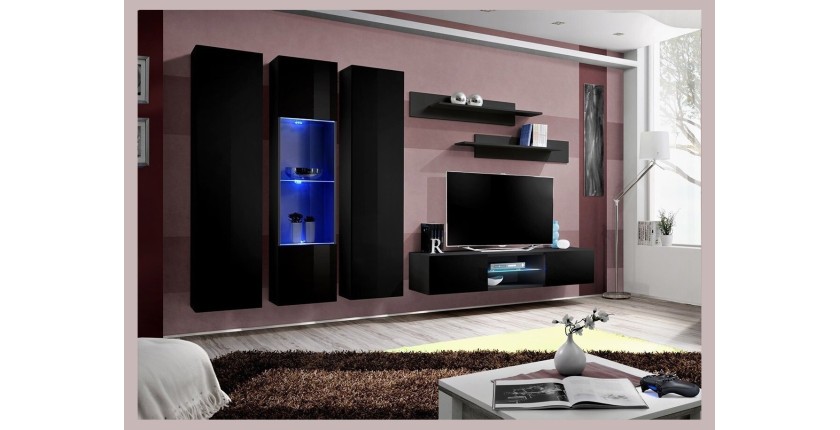 Ensemble Meuble TV FLY P5 avec LED. Coloris noir. Meubles suspendus design pour votre salon.