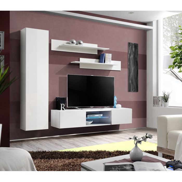 Ensemble Meuble TV FLY R1 avec LED. Coloris blanc. Meuble suspendu design pour votre salon.