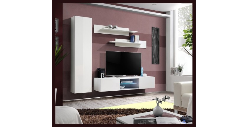 Ensemble Meuble TV FLY R1 avec LED. Coloris blanc. Meuble suspendu design pour votre salon.