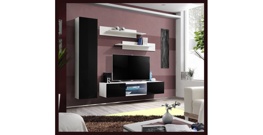 Ensemble Meuble TV FLY R1 avec LED. Coloris blanc et noir. Meuble suspendu design pour votre salon.