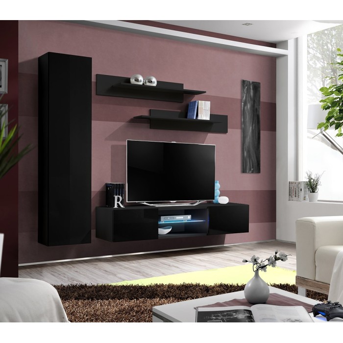 Ensemble Meuble TV FLY R1 avec LED. Coloris noir. Meuble suspendu design pour votre salon.