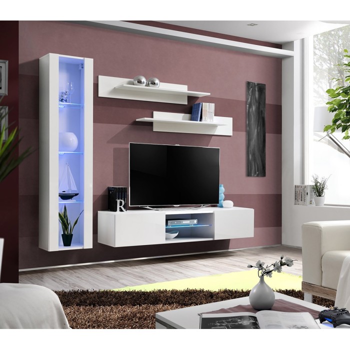 Ensemble Meuble TV FLY R2 avec LED. Coloris blanc. Meuble suspendu design pour votre salon.