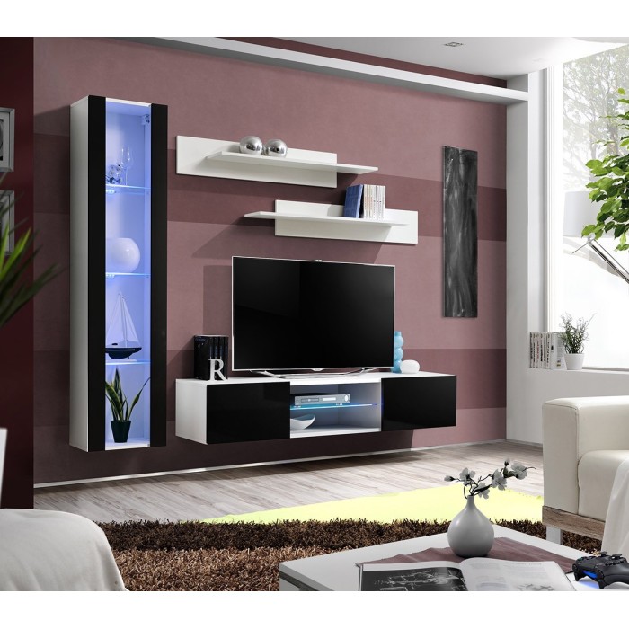 Ensemble Meuble TV FLY R2 avec LED. Coloris blanc et noir. Meuble suspendu design pour votre salon.