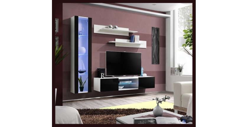 Ensemble Meuble TV FLY R2 avec LED. Coloris blanc et noir. Meuble suspendu design pour votre salon.