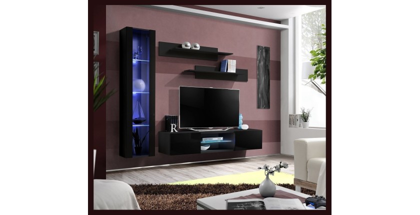 Ensemble Meuble TV FLY R2 avec LED. Coloris noir. Meuble suspendu design pour votre salon.