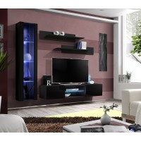Ensemble Meuble TV FLY R2 avec LED. Coloris noir. Meuble suspendu design pour votre salon.