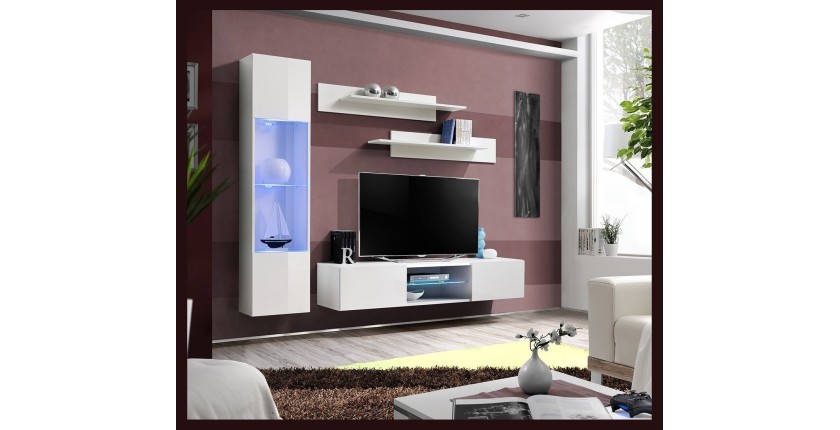 Ensemble Meuble TV FLY R3 avec LED. Coloris blanc. Meuble suspendu design pour votre salon.