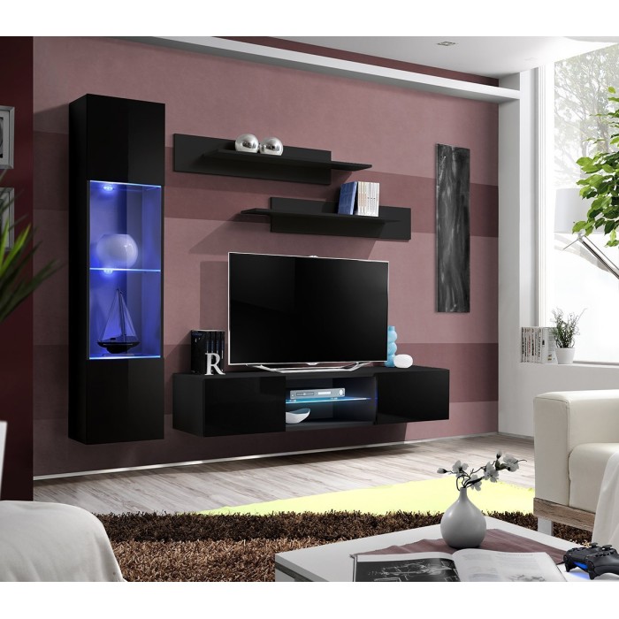 Ensemble Meuble TV FLY R3 avec LED. Coloris noir. Meuble suspendu design pour votre salon.