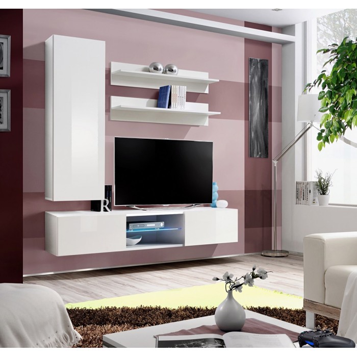 Ensemble Meuble TV FLY S1 avec LED. Coloris blanc. Meuble suspendu design pour votre salon.