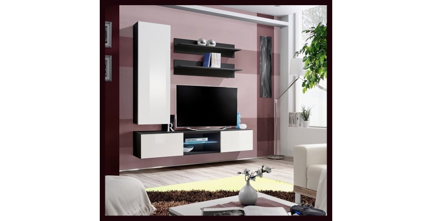 Ensemble Meuble TV FLY S1 avec LED. Coloris noir et blanc. Meuble suspendu design pour votre salon.