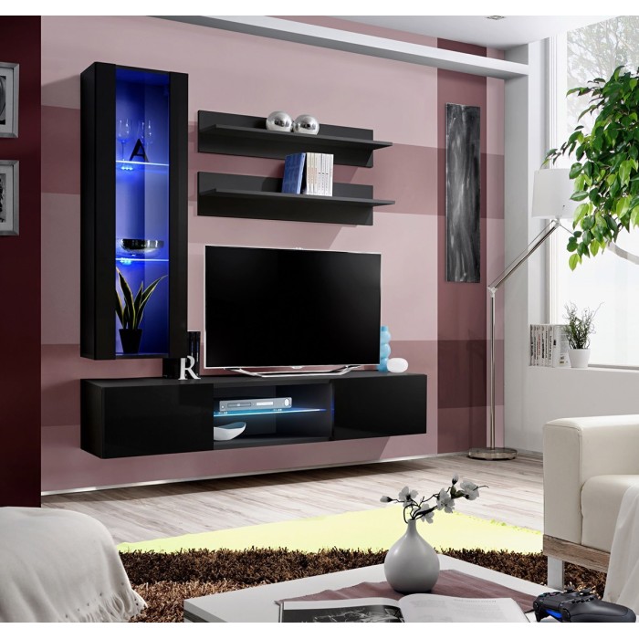 Ensemble Meuble TV FLY S2 avec LED. Coloris noir. Meuble suspendu design pour votre salon.