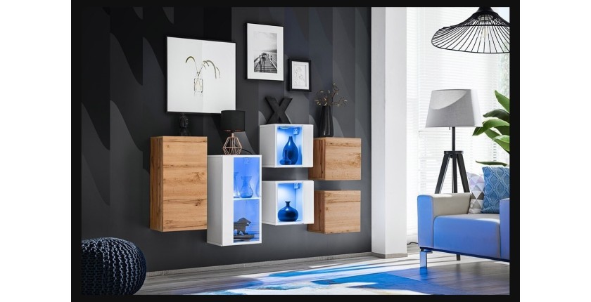 Ensemble meubles de salon SWITCH SBIV design. Coloris blanc et chêne.