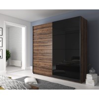 Chambre à coucher FLOYD : Armoire 200cm, Lit 140x200, commode, chevets. Couleur chêne foncé et noir brillant