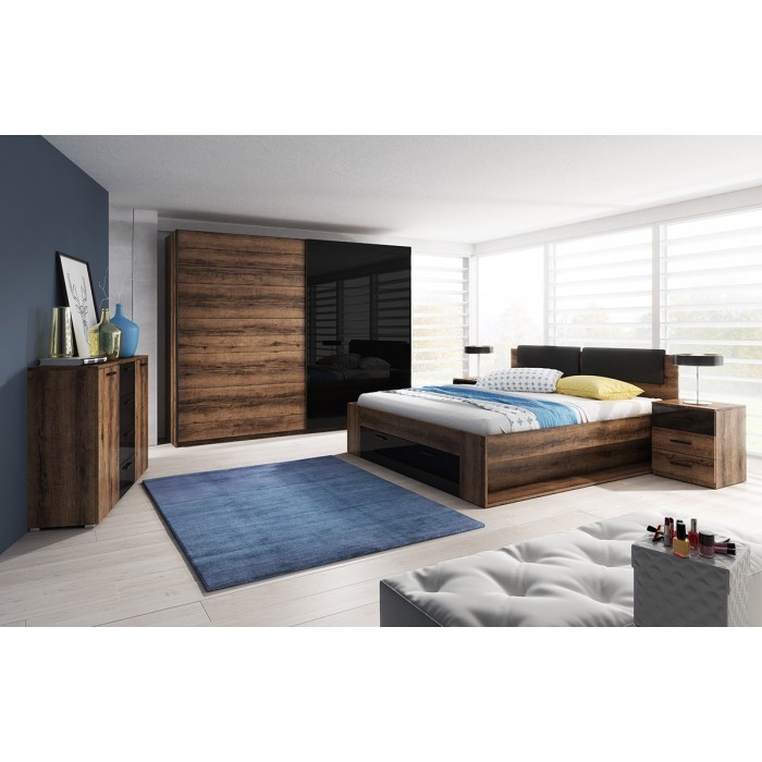 Chambre à coucher FLOYD : Armoire 200cm, Lit 160x200, commode, chevets. Couleur chêne foncé et noir brillant