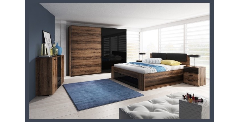 Chambre à coucher FLOYD : Armoire 220cm, Lit 180x200, commode, chevets. Couleur chêne foncé et noir brillant