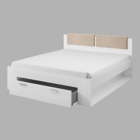 Chambre à coucher FLOYD : Armoire 200cm, Lit 140x200, commode, chevets. Coloris blanc effet bois.